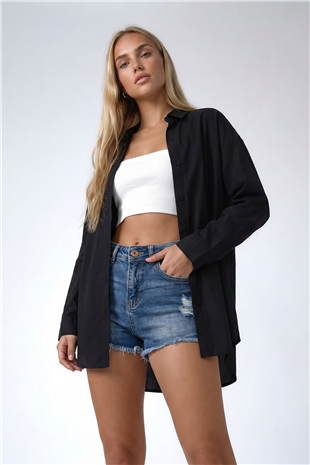 Kadın Siyah Oversize Uzun Dokuma Gömlek ALC-X6828