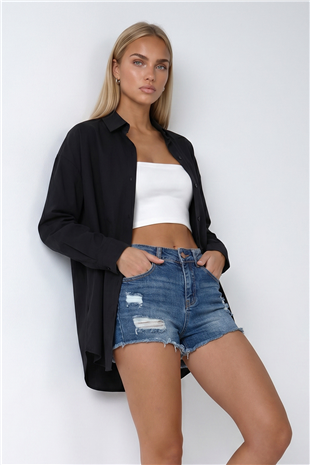 Kadın Siyah Oversize Uzun Dokuma Gömlek ALC-X6828