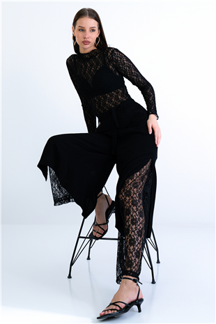 Kadın Siyah Paçası Dantel Detaylı Beli Kuşaklı Dokuma Palazzo Pantolon Alc-X15237