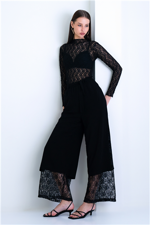 Kadın Siyah Paçası Dantel Detaylı Beli Kuşaklı Dokuma Palazzo Pantolon Alc-X15237