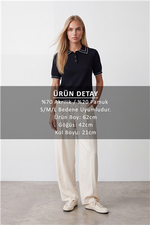 Kadın Siyah Polo Yaka Düğmeli  Triko Bluz Alc-X15771