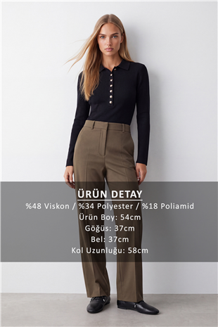 Kadın Siyah Polo Yaka Gold Düğmeli Yumuşak Dokulu Bluz Alc-X15968