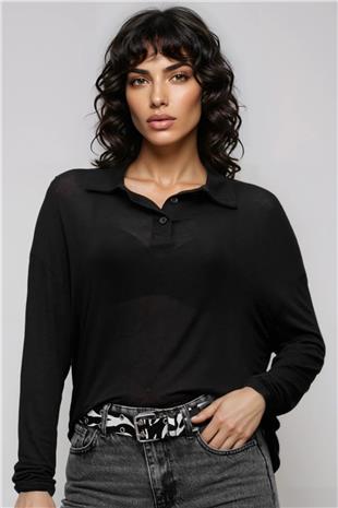 Kadın Siyah Polo Yaka Kaşmir Dokulu Transparan Bluz Alc-X14959