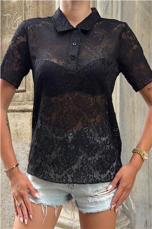 Kadın Siyah Polo Yaka Yarım Pat Düğmeli Dantel T-Shırt Alc-X15328