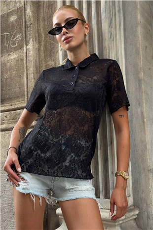 Kadın Siyah Polo Yaka Yarım Pat Düğmeli Dantel T-Shırt Alc-X15328