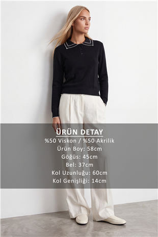 Kadın Siyah Polo Yaka Yumuşak Dokulu Triko Bluz Alc-X15966