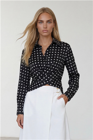 Kadın Siyah Puantiyeli Çapraz Bağlama Detaylı Sofia Keten Gömlek Alc-X15471
