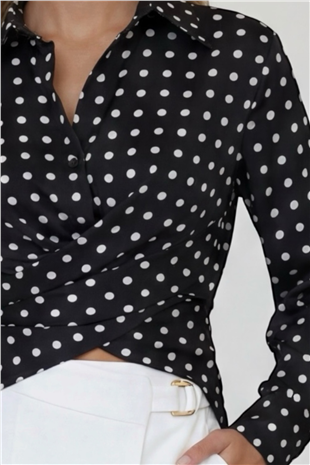 Kadın Siyah Puantiyeli Çapraz Bağlama Detaylı Sofia Keten Gömlek Alc-X15471