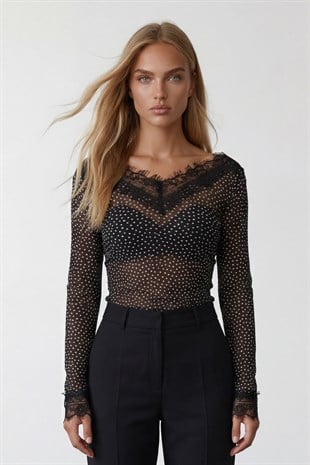 Kadın Siyah Puantiyeli Ön Arka V Yaka Kaşmir Dokulu Transparan Dantel Detaylı Bluz Alc-X15268