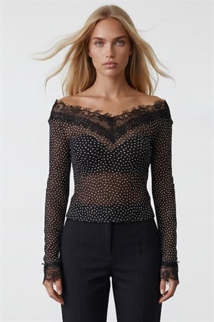 Kadın Siyah Puantiyeli Ön Arka V Yaka Kaşmir Dokulu Transparan Dantel Detaylı Bluz Alc-X15268