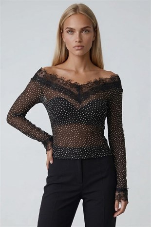 Kadın Siyah Puantiyeli Ön Arka V Yaka Kaşmir Dokulu Transparan Dantel Detaylı Bluz Alc-X15268