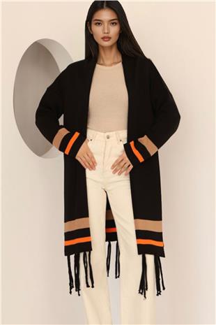 Kadın Siyah Şerit Detaylı Püsküllü Uzun Hırka Alc-X14745