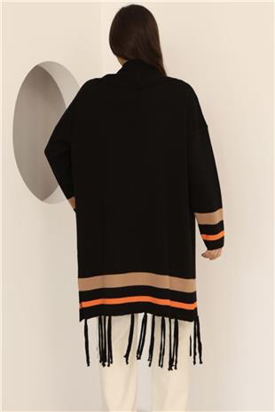 Kadın Siyah Şerit Detaylı Püsküllü Uzun Hırka Alc-X14745