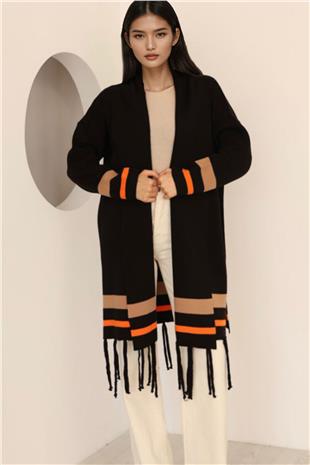 Kadın Siyah Şerit Detaylı Püsküllü Uzun Hırka Alc-X14745