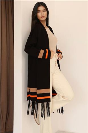 Kadın Siyah Şerit Detaylı Püsküllü Uzun Hırka Alc-X14745