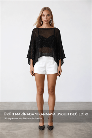 Kadın Siyah Simli Bol Kesim Triko Panço Bluz Alc-X15578