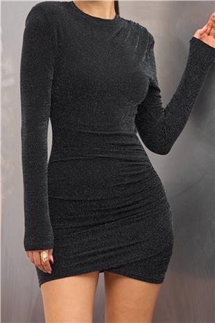 Kadın SİYAH Simli Uzun Kollu Drapeli Astarlı Mini Elbise VS01664