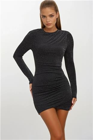 Kadın SİYAH Simli Uzun Kollu Drapeli Astarlı Mini Elbise VS01664