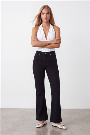 Kadın Siyah Slim Fit Yüksel Bel İspanyol Paça Jean Pantolon Alc-X15663