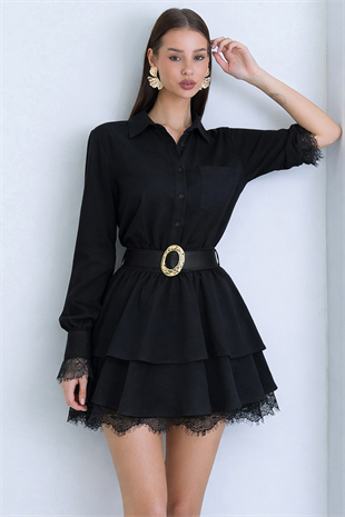 Kadın Siyah Tek Cepli Eteği Kat Kat Dantel Detaylı Kemerli Gömlek Elbise Alc-X15227
