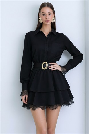 Kadın Siyah Tek Cepli Eteği Kat Kat Dantel Detaylı Kemerli Gömlek Elbise Alc-X15227