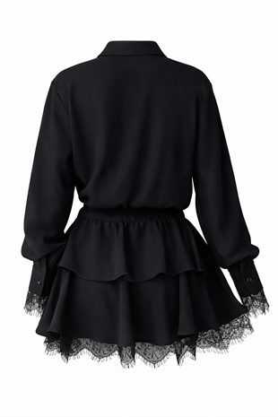 Kadın Siyah Tek Cepli Eteği Kat Kat Dantel Detaylı Kemerli Gömlek Elbise Alc-X15227