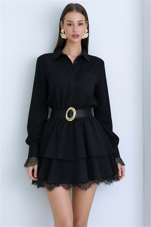 Kadın Siyah Tek Cepli Eteği Kat Kat Dantel Detaylı Kemerli Gömlek Elbise Alc-X15227