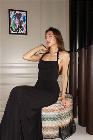 Kadın SİYAH Tek Omuz Burgu Askılı Sandy Elbise V00041-A