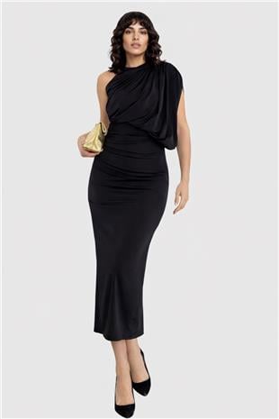 Kadın Siyah Tek Omuz Drape Detaylı Maxi Boy Elbise Alc-X14962