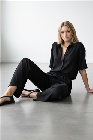 Kadın Siyah Krep Gömlek Ve Pantolon Takım Alc-X15429