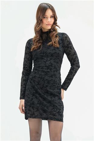 Kadın SİYAH Tül Detaylı Dik Yaka Kadife Mini Astarlı Elbise VS01657