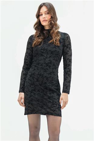 Kadın SİYAH Tül Detaylı Dik Yaka Kadife Mini Astarlı Elbise VS01657