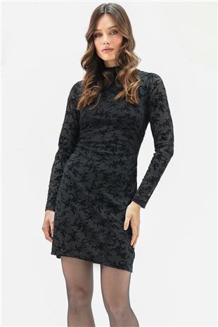 Kadın SİYAH Tül Detaylı Dik Yaka Kadife Mini Astarlı Elbise VS01657