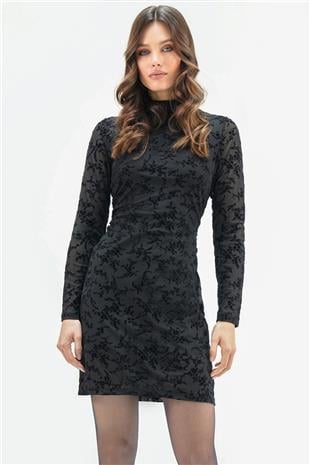 Kadın SİYAH Tül Detaylı Dik Yaka Kadife Mini Astarlı Elbise VS01657