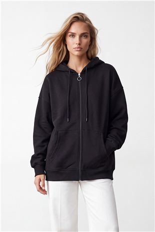 Kadın Siyah Üç İplik Şardonlu Oversize Sweatshirt Alc-X15945