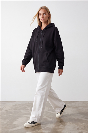 Kadın Siyah Üç İplik Şardonlu Oversize Sweatshirt Alc-X15945