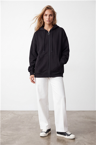 Kadın Siyah Üç İplik Şardonlu Oversize Sweatshirt Alc-X15945