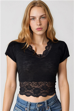 Kadın Siyah V Yaka Dantel Detaylı Crop Bluz Alc-X15433