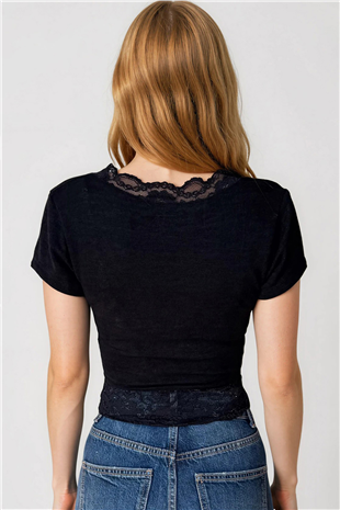 Kadın Siyah V Yaka Dantel Detaylı Crop Bluz Alc-X15433