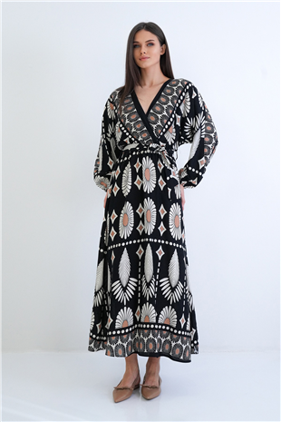 Kadın Siyah V Yaka Etnik Desenli Maxi Boy Dokuma Yazlık Elbise Alc-X15275