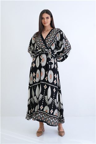 Kadın Siyah V Yaka Etnik Desenli Maxi Boy Dokuma Yazlık Elbise Alc-X15275