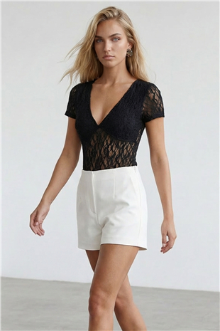 Kadın Siyah V Yaka Göğüs Astarlı Çıtçıtlı Dantel Bluz Alc-X15476