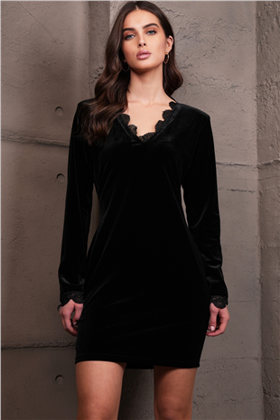 Kadın Siyah V Yaka Güpür Detaylı Mini Kadife Elbise Alc-X14977