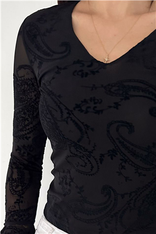 Kadın Siyah V Yaka İçi Astarlı İspanyol Kol Dantel Bluz Alc-X15150
