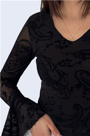 Kadın Siyah V Yaka İçi Astarlı İspanyol Kol Dantel Bluz Alc-X15150