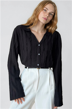 Kadın Siyah V Yaka İspanyol Kol Fırfır Kumaş Gömlek Alc-X15404