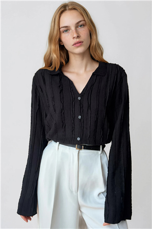 Kadın Siyah V Yaka İspanyol Kol Fırfır Kumaş Gömlek Alc-X15404