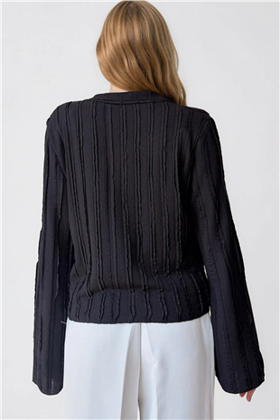 Kadın Siyah V Yaka İspanyol Kol Fırfır Kumaş Gömlek Alc-X15404