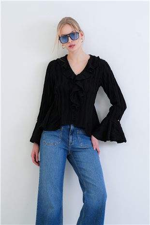 Kadın Siyah V Yaka Volanlı İspanyol Kol Fırfır Bluz Alc-X15430