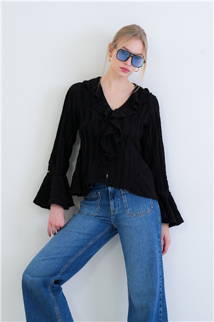Kadın Siyah V Yaka Volanlı İspanyol Kol Fırfır Bluz Alc-X15430